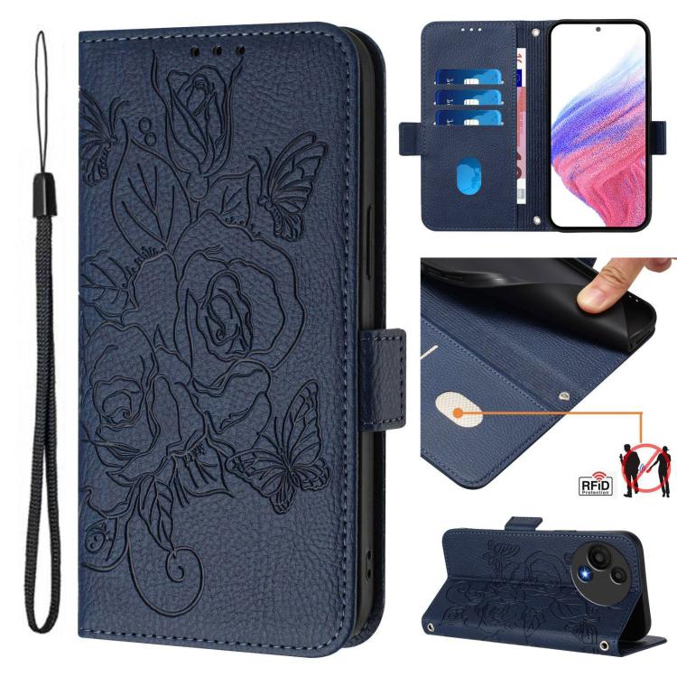 Funda de cuero antirrobo RFID con relieve rosa para TCL 605/60 SE (azul oscuro)