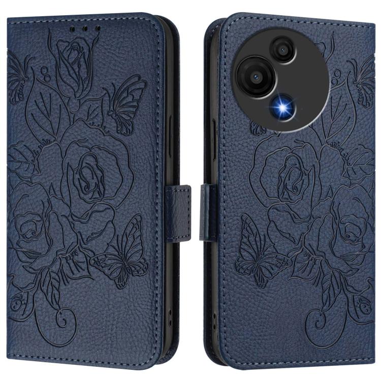 Funda de cuero antirrobo RFID con relieve rosa para TCL 605/60 SE (azul oscuro)