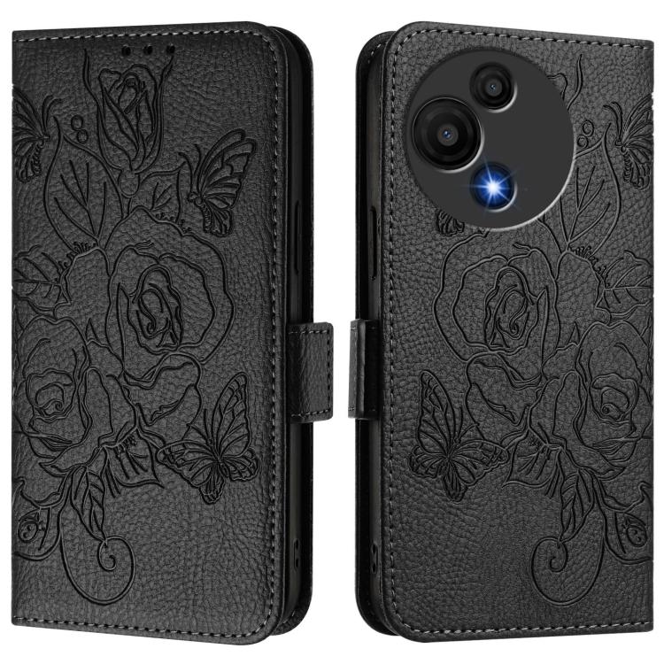 Funda de cuero antirrobo RFID con relieve rosa para TCL 605/60 SE (negra)