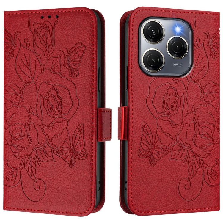 Funda de Cuero Antirrobo RFID con Relieve para Tecno Spark 20 Pro 5G (Rojo)