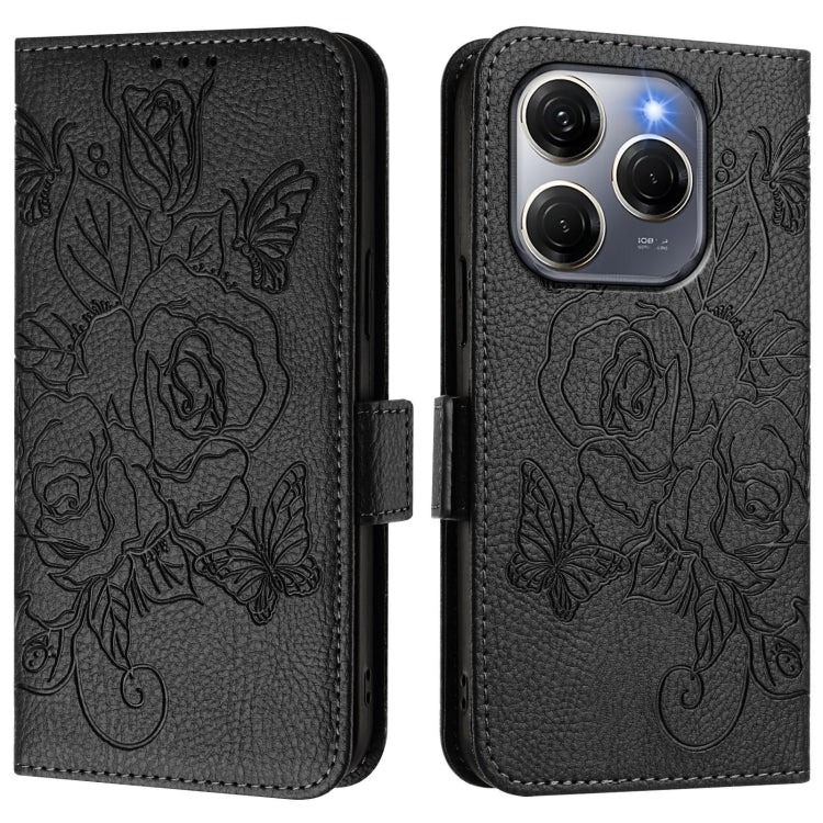 Funda de Cuero Antirrobo RFID con Relieve para Tecno Spark 20 Pro 5G (Negro)