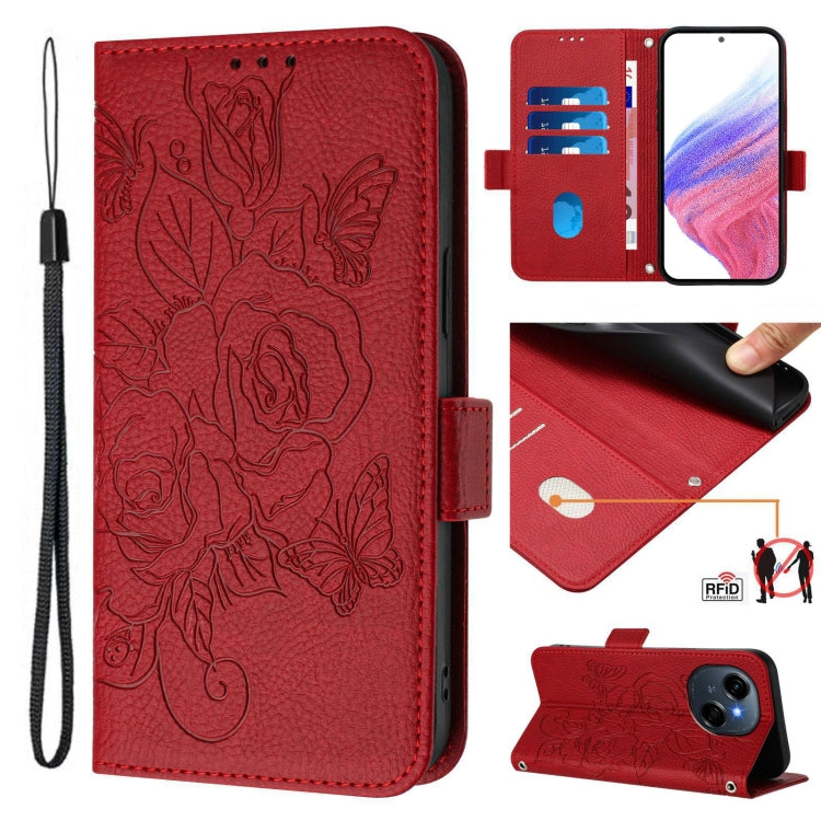 Funda de Cuero Antirrobo RFID con Relieve para Tecno Spark Go 1/Spark Go 2025 (Roja)