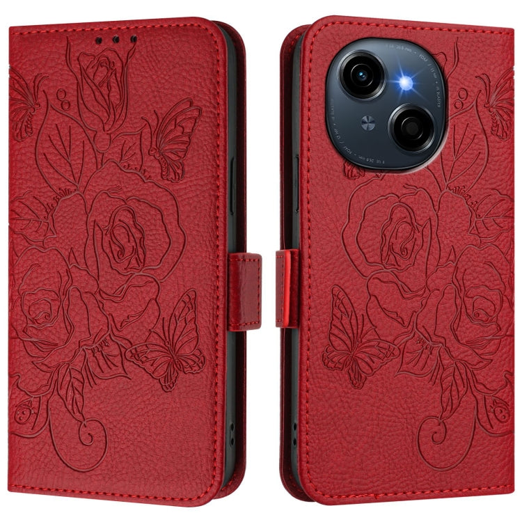 Funda de Cuero Antirrobo RFID con Relieve para Tecno Spark Go 1/Spark Go 2025 (Roja)