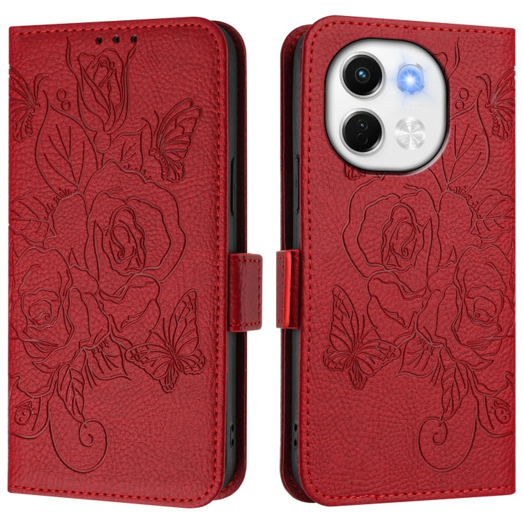 Funda de Cuero Antirrobo RFID con Relieve para Tecno Spark 30 5G (Rojo)