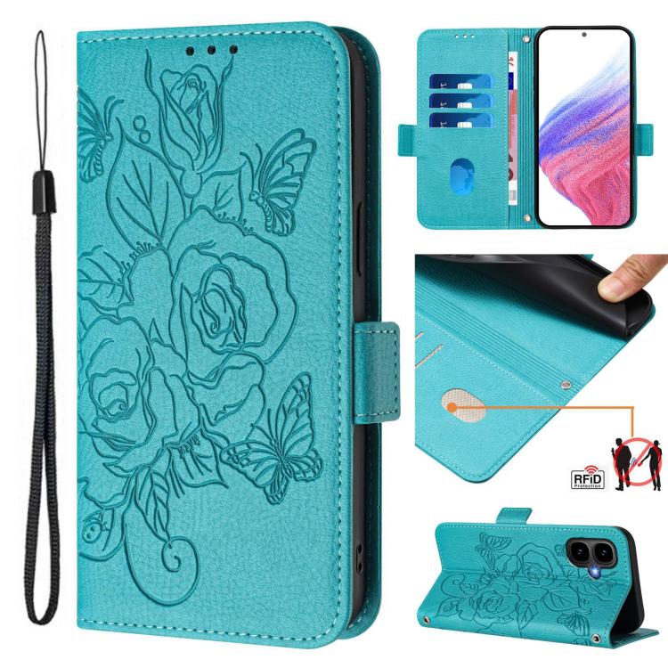 Funda de cuero antirrobo RFID con relieve rosa para Tecno Pop 10 / Infinix Smart 10 4G (azul claro)