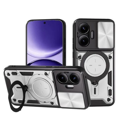 Funda magnética deslizante con textura de CD para Xiaomi Poco F7 (plateada)