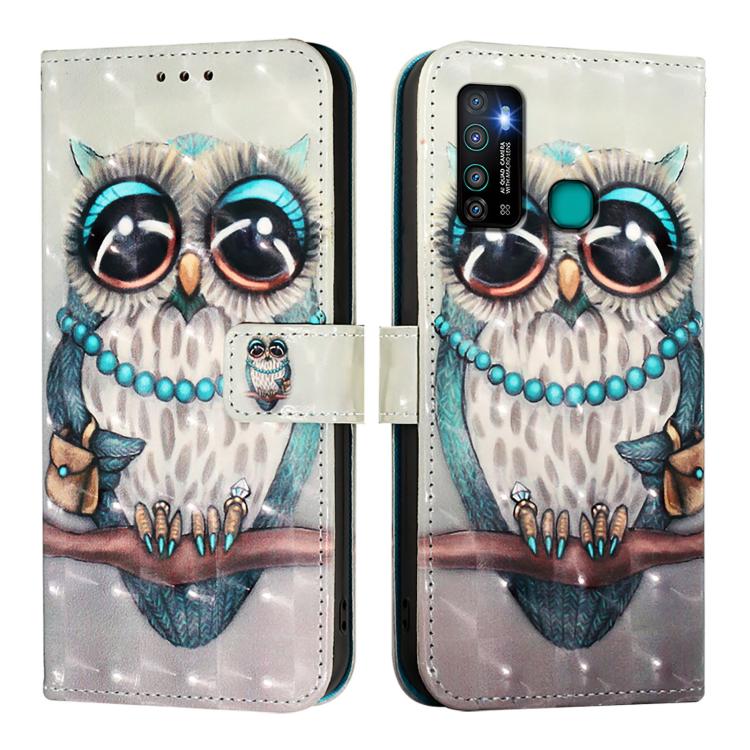 Funda de Cuero con Tapa Horizontal y Pintura 3D para Infinix Hot 9/Hot 9 Pro (Búho Gris)
