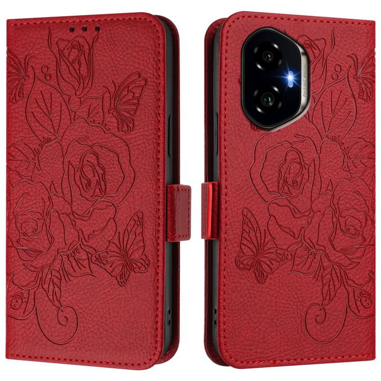 Funda de Cuero Antirrobo RFID con Relieve para Honor 300 5G (Rojo)