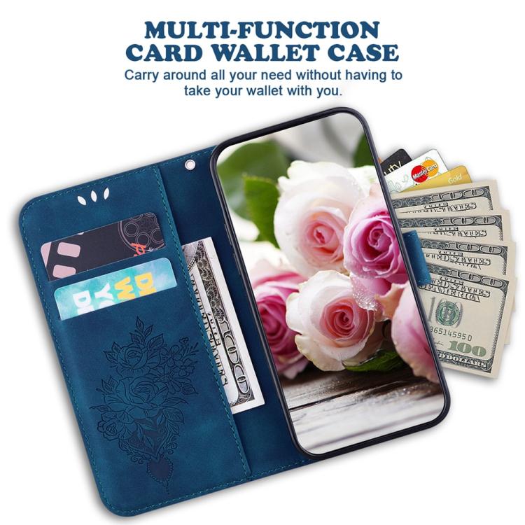 Funda de cuero con relieve de mariposa y rosa para Redmi A5 4G (171,7 mm, azul)