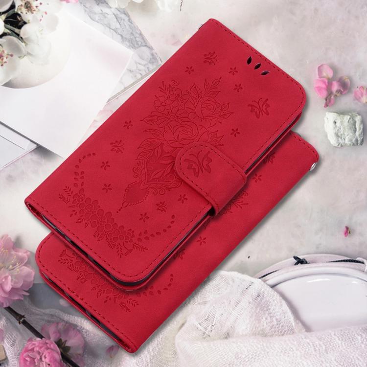 Funda de cuero con relieve de mariposa y rosa para Redmi A5 4G (171,7 mm) (rojo)