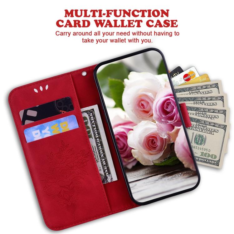 Funda de cuero con relieve de mariposa y rosa para Redmi A5 4G (171,7 mm) (rojo)