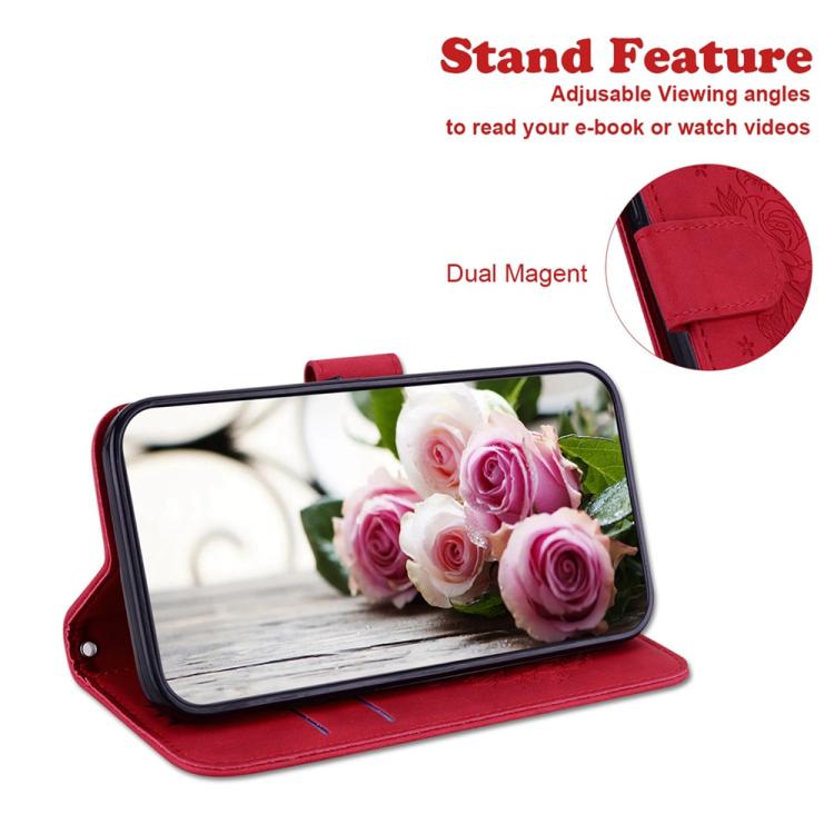 Funda de cuero con relieve de mariposa y rosa para Redmi A5 4G (171,7 mm) (rojo)