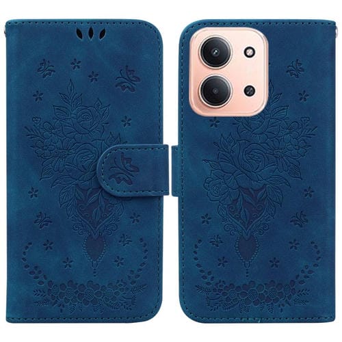 Funda de cuero con relieve de mariposa y rosa para Redmi 15C 4G (173,1 mm) / Redmi 15C 5G (173,1 mm) (azul)