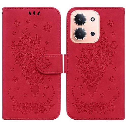 Funda de cuero con relieve de mariposa y rosa para Redmi 15C 4G (173,1 mm) / Redmi 15C 5G (173,1 mm) (Rojo)