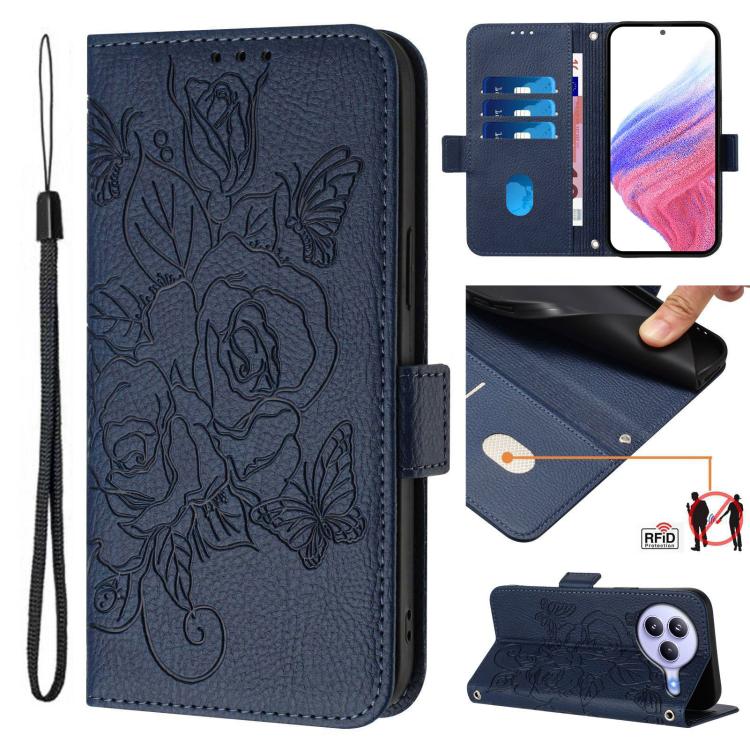 Funda de cuero antirrobo RFID con relieve rosa para Xiaomi Civi 5 Pro 5G (azul oscuro)