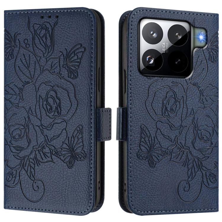 Funda de cuero antirrobo RFID con relieve rosa para Xiaomi 15S Pro 5G (azul oscuro)