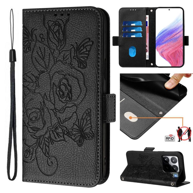 Funda de cuero antirrobo RFID con relieve rosa para Xiaomi 15S Pro 5G (negra)
