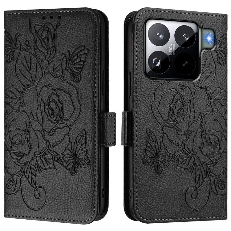 Funda de cuero antirrobo RFID con relieve rosa para Xiaomi 15S Pro 5G (negra)