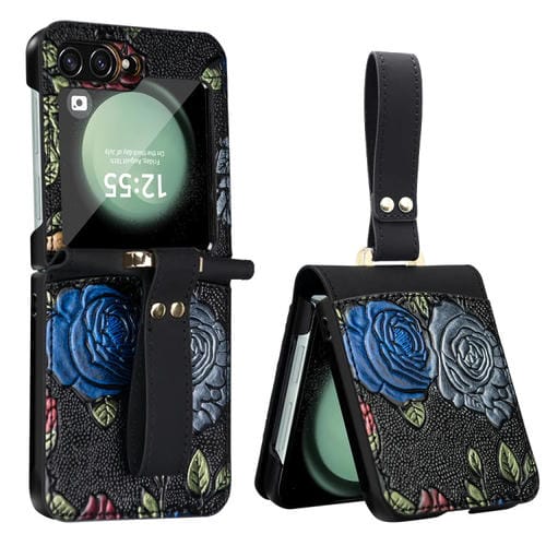 Estuche para teléfono Samsung Galaxy Z Flip5 Vietao cobertura total patrón en relieve con correa para muñeca (Negro)