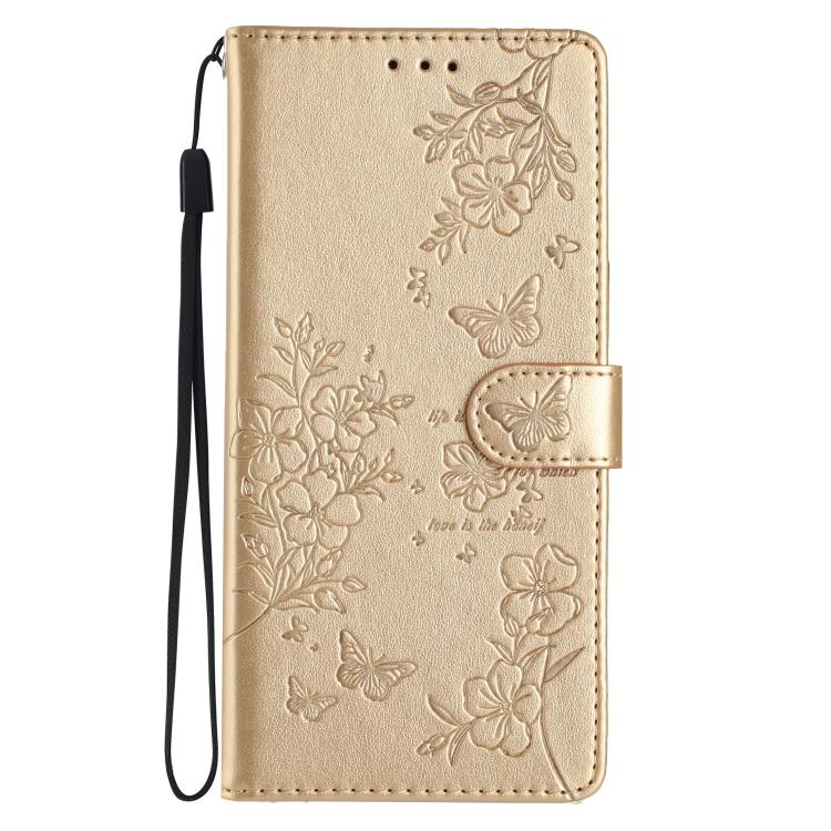 Funda de Cuero para OnePlus 13 con Mariposas y Flores (Dorada)