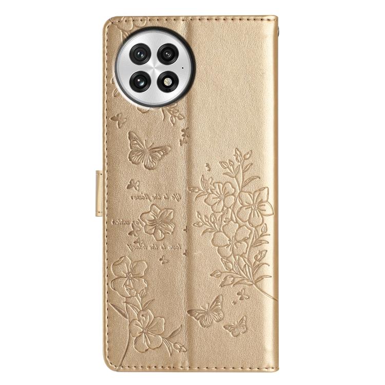 Funda de Cuero para OnePlus 13 con Mariposas y Flores (Dorada)