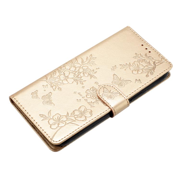 Funda de Cuero para OnePlus 13 con Mariposas y Flores (Dorada)
