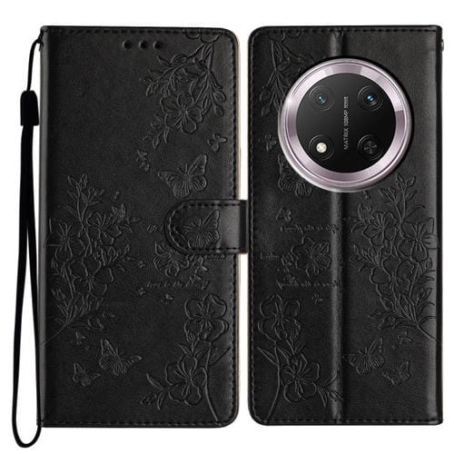 Funda de Cuero para Honor X9C con Mariposas y Flores (Negra)
