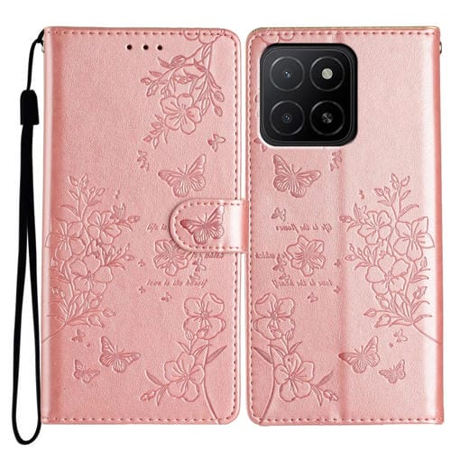 Funda de Cuero para Honor X5B con Mariposas y Flores (Oro Rosa)
