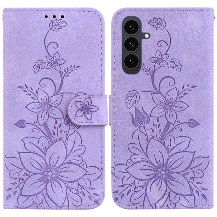 Funda de piel con relieve de lirio para Samsung Galaxy S25 FE 5G (morada)
