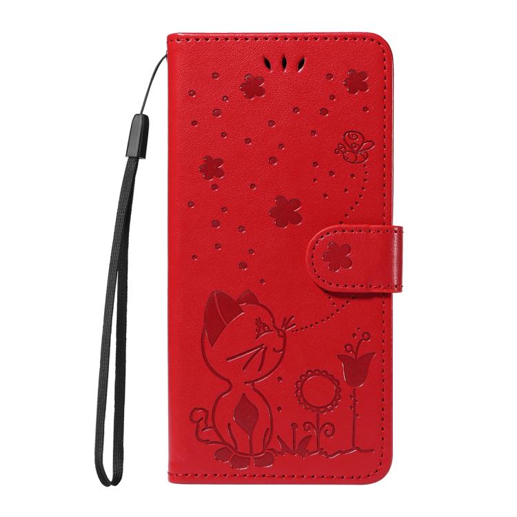 Funda de piel con tapa y diseño de gato y abeja para Samsung Galaxy S25 FE 5G (roja)