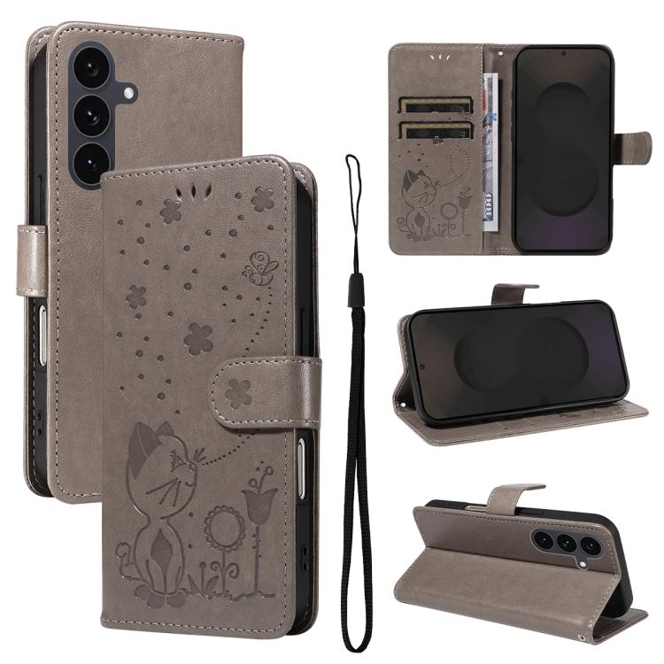 Funda de piel con tapa y diseño de gato y abeja para Samsung Galaxy S25 FE 5G (gris)
