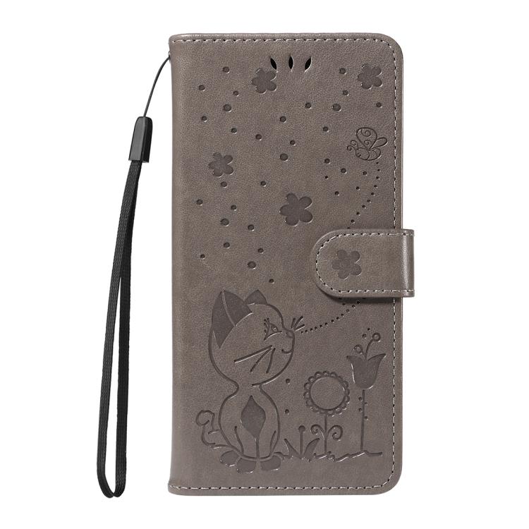 Funda de piel con tapa y diseño de gato y abeja para Samsung Galaxy S25 FE 5G (gris)