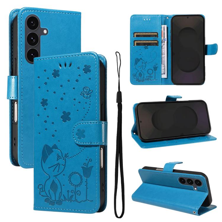 Funda de piel con tapa y diseño de gato y abeja para Samsung Galaxy S25 FE 5G (azul)