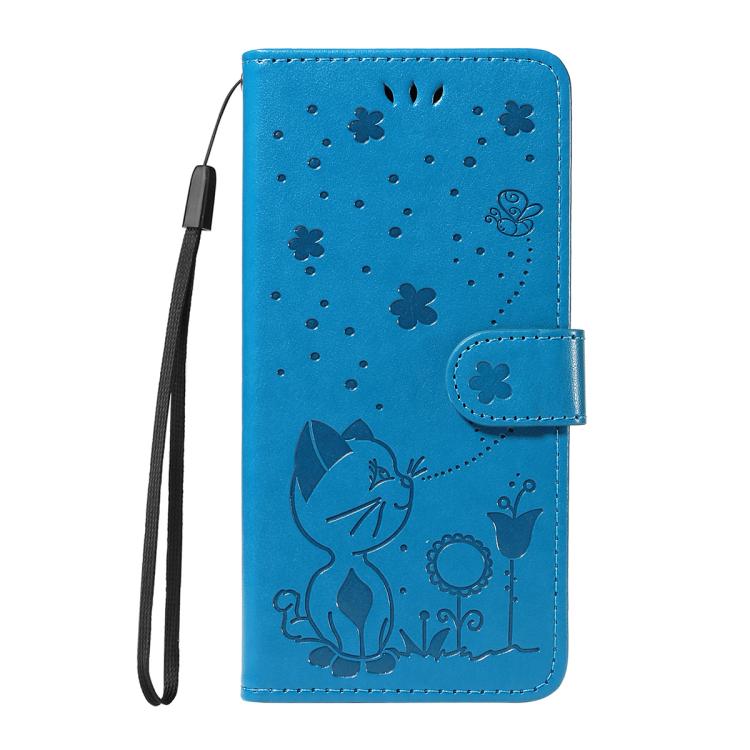 Funda de piel con tapa y diseño de gato y abeja para Samsung Galaxy S25 FE 5G (azul)