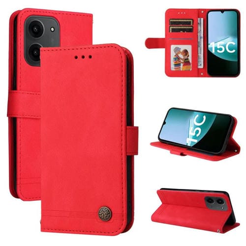 Funda de cuero con botones metálicos y diseño de árbol de la vida para Redmi 15C 4G (171,5 mm) y Xiaomi Poco C85 4G (rojo)