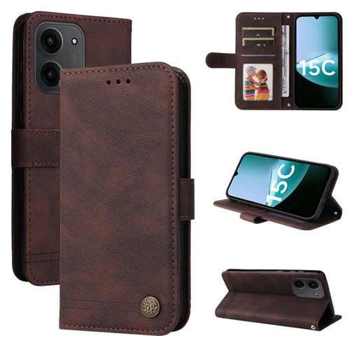 Funda de cuero con botones metálicos y diseño de árbol de la vida para Redmi 15C 4G (171,5 mm) y Xiaomi Poco C85 4G (marrón)