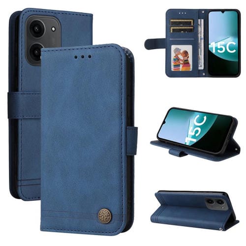 Funda de cuero con botones metálicos y diseño de árbol de la vida para Redmi 15C 4G (171,5 mm) y Xiaomi Poco C85 4G (azul)