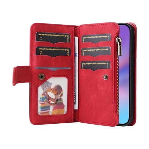 Funda de cuero con cremallera para iPhone 17, bicolor, con 9 ranuras para tarjetas (roja)