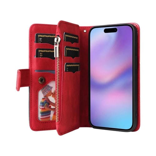 Funda de cuero con cremallera para iPhone 17, bicolor, con 9 ranuras para tarjetas (roja)