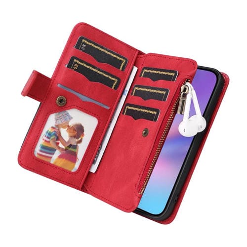 Funda de cuero con cremallera para iPhone 17, bicolor, con 9 ranuras para tarjetas (roja)