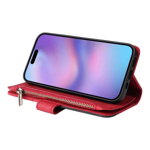 Funda de cuero con cremallera para iPhone 17, bicolor, con 9 ranuras para tarjetas (roja)