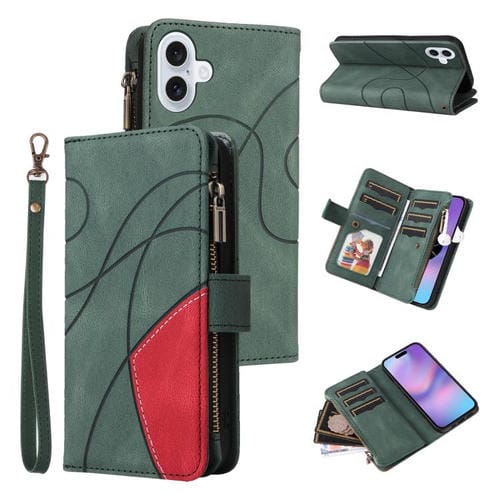Funda de cuero con cremallera para iPhone 17, bicolor, con 9 ranuras para tarjetas (verde)