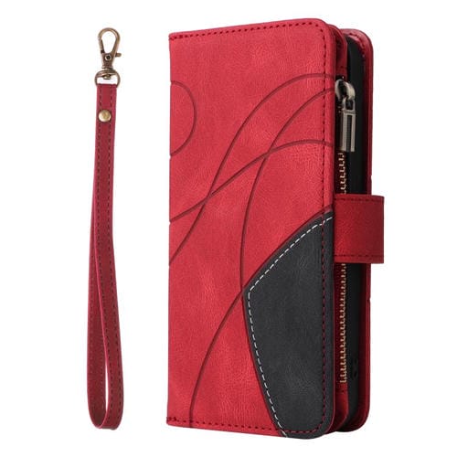 Funda de cuero con cremallera para iPhone 17 Air, bicolor, con 9 ranuras para tarjetas (roja)