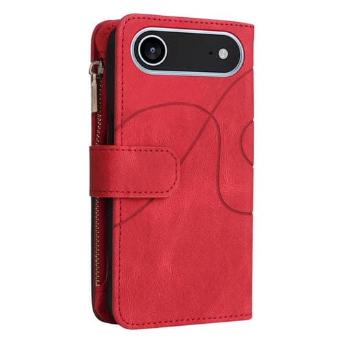 Funda de cuero con cremallera para iPhone 17 Air, bicolor, con 9 ranuras para tarjetas (roja)