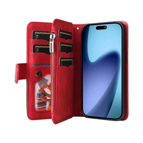 Funda de cuero con cremallera para iPhone 17 Air, bicolor, con 9 ranuras para tarjetas (roja)