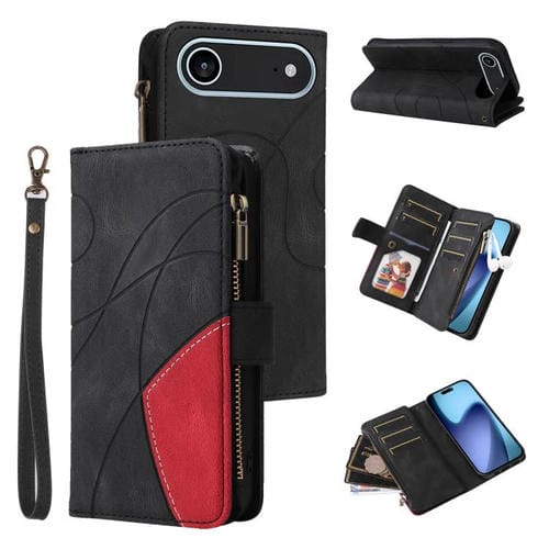 Funda de cuero con cremallera para iPhone 17 Air, bicolor, con 9 ranuras para tarjetas (negro)