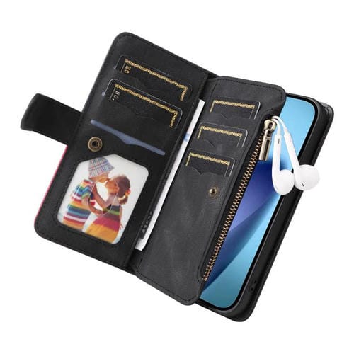 Funda de cuero con cremallera para iPhone 17 Air, bicolor, con 9 ranuras para tarjetas (negro)