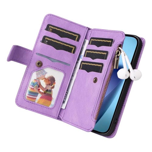 Funda de cuero con cremallera para iPhone 17 Air, bicolor, con 9 ranuras para tarjetas (morado)