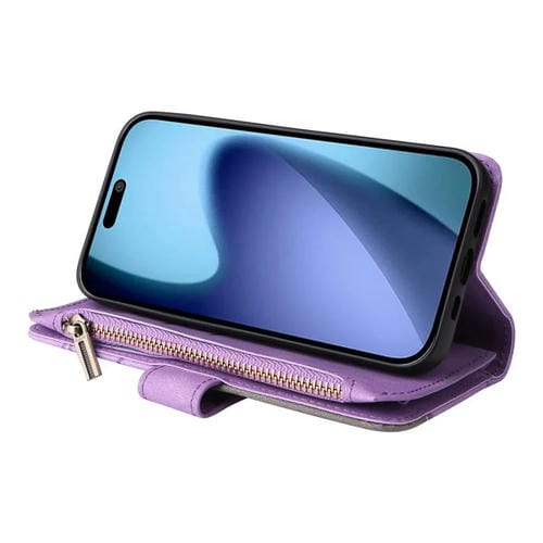 Funda de cuero con cremallera para iPhone 17 Air, bicolor, con 9 ranuras para tarjetas (morado)