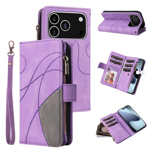 Funda de cuero con cremallera para iPhone 17 Pro, bicolor, con 9 ranuras para tarjetas (morado)